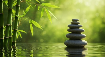 Obraz premium Zen Still Life Featuring Balanced River Stones in Rippling Water with Vibrant Green Bamboo and Soft Bokeh Background