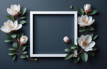 Elegant white magnolia blossoms and green leaves artfully arranged around a simple white square frame against a dark gray background.  A serene and sophisticated floral design.