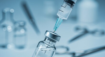 Transparent Syringe Drawing Opalescent Liquid from Frosted Glass Vial in Detailed Macro Shot Medical Research