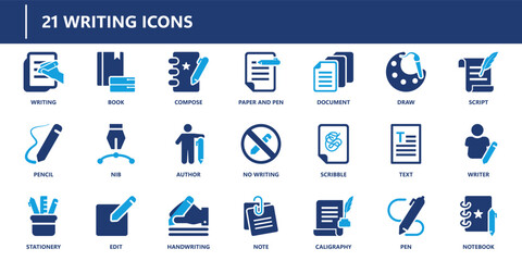 Writing icons pack in solid style including book, handwriting, pencil, document, note, calligraphy, author, pen, and notebook tools.