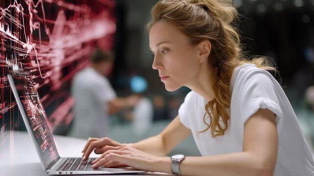 Data Analyst at Work: A focused woman intently analyzes complex data on a laptop, a dynamic visualization hinting at the scale of digital information.