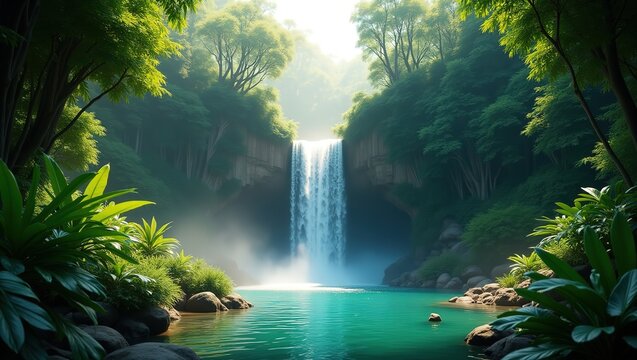 Lush tropical rainforest with a waterfall cascading into a clear pool, vivid green foliage, sun rays cutting through dense trees, mist in the air, ultra-detailed, vibrant natural scene in 8k
