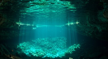 Fototapeta premium Mesmerizing Turquoise Underwater Cave with Sunlight Reflections and Rippling Water Patterns Casting Dancing Light on the Cavern Walls