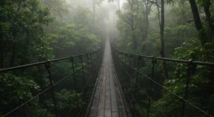 Fototapeta premium Wooden suspension bridge in a misty, dense forest with a distant light