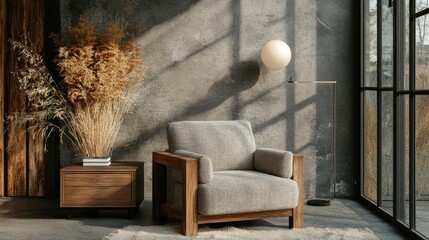 Rustic modern lounge area with warm lighting.