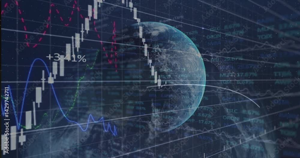 Poster global finance 3d render showing rotating earth globe with moving candlestick bars and line graph