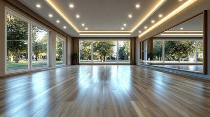 Obraz premium Sunlit spacious yoga studio with hardwood floors and park views