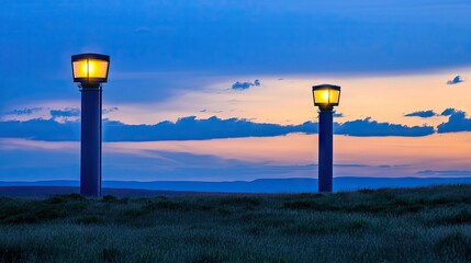 Two illuminated towers stand sentinel against a twilight prairie sky.