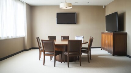 Fototapeta premium Modern conference room, meeting table, large TVs, neutral walls, corporate setting, ideal for business presentations