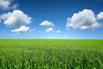 Obraz premium Vibrant Green Grass Field under a Blue Sky with Fluffy Clouds