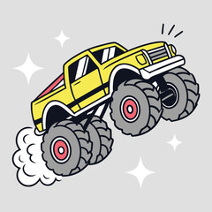 Obraz premium Cartoon Monster Truck Jumping Off-Road Vehicle Graphic
