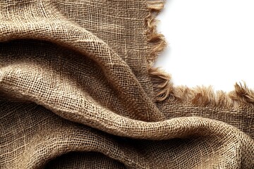 Wrinkled Burlap Fabric Drape Against White Background