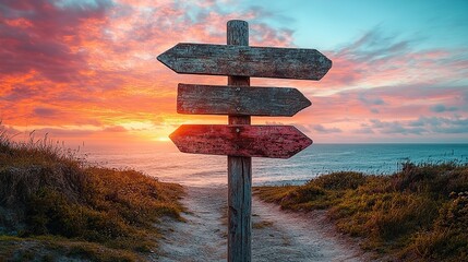 Against a beautiful sunset sky, a wooden signpost with arrows pointing in different directions symbolizes choices, decisions, and FOBO.