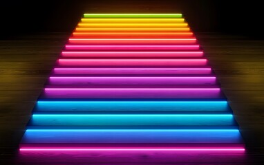 Rainbow Neon Lights Staircase Wooden Steps Abstract Background