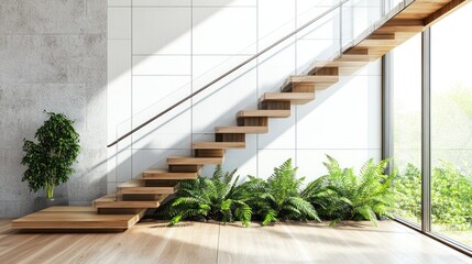 Wooden stairs ascend near plants in a home with natural light, for sale/rental