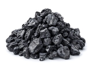 Pile of shiny black coal rocks stacked together, isolated on white background