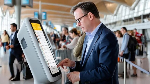 Modern Journey: A man in a suit interacts with a sleek touchscreen kiosk at a contemporary airport terminal, capturing the essence of modern travel and convenience.