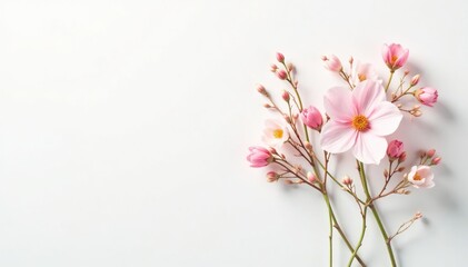 Fototapeta premium Delicate, minimalist floral sprigs on white backdrop, texture, fabric