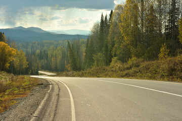 Fototapeta premium A wide two-lane paved road winds down a high mountain through a dense pine forest on a cloudy summer evening before sunset.