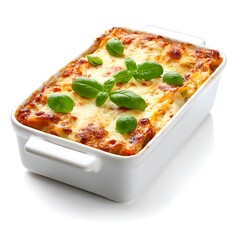 Lasagna in a baking dish with basil leaves isolated on white background