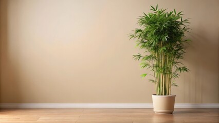 A lush green potted plant stands elegantly against a neutral beige wall in a minimalist interior space, enhancing the room's serene ambiance