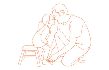 The father ties his daughter's shoes. Her father is lacing her daughter's shoes