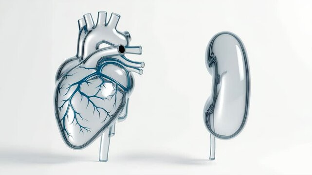 The image presents transparent glass-like models of a human heart and kidney aligned side by side along a central heart-kidney axis on a white background