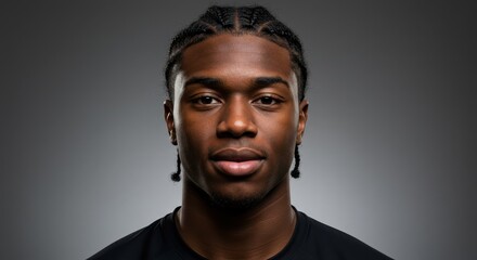 Close-up portrait of a young man with braided hair and light stubble wearing a black top