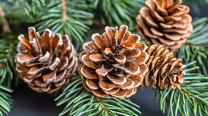 Fototapeta premium Closeup of Pine Cones on Evergreen Branch Winter Nature Photography