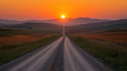 Sunrise over rolling hills, gravel road vanishing point