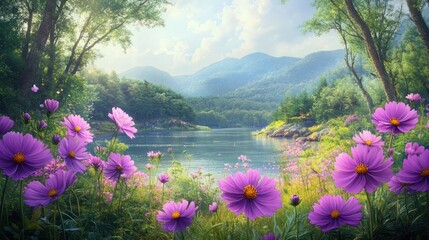 Obraz premium Purple flowers bloom near lake with mountains in the background; Stock photo use