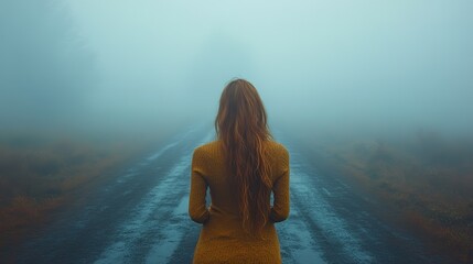 At a foggy crossroads, a young woman decides between two paths, contemplating her future amid uncertainty.