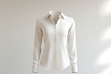 Studio shot of a white women's button-down shirt, product display