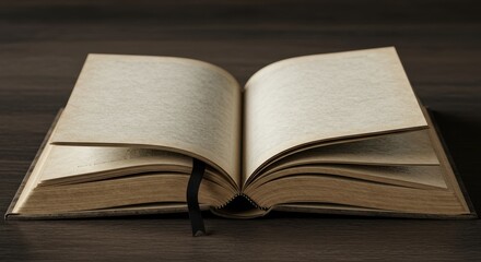 Open journal with black ribbon bookmark on dark wooden surface