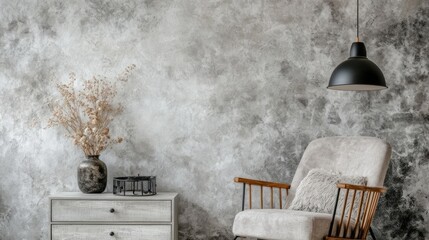 Rustic, neutral-toned room with a rocking chair and dried flowers.