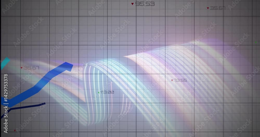 Poster grid display showing data visualization with gradient curves colored arrows numeric indicators