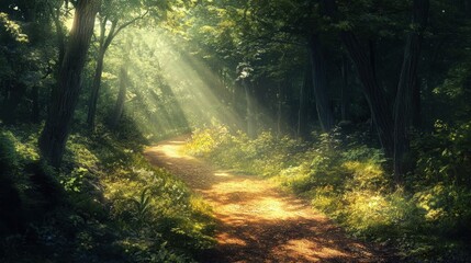 Obraz premium Sunlight streams through a verdant forest path.