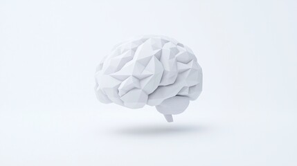 A geometric, white brain model floats against a minimalistic background, symbolizing concepts of thought, creativity, and intelligence.