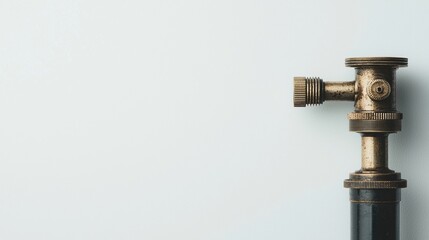 A close-up of a vintage brass valve attached to a black pipe against a light backdrop, showcasing industrial design elements.