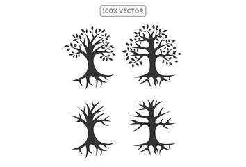 A stylized tree with leaves and roots silhouette vector illustration set, A tree with leaves and roots vector