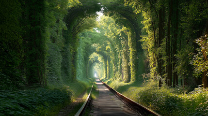 Tunnel of Love: An enchanting railway track leads through a lush, green tunnel formed by arching trees, creating a surreal.