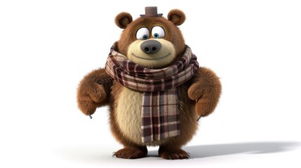 Fototapeta premium Funny animated bear character with a scarf stock photo --ar 16:9 --raw --v 6 Job ID: 6282781f-90f5-41b5-b5f4-d1cadc84e356