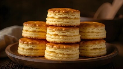 Close-up of a stack of golden-brown, delicious-looking puff pastry biscuits.