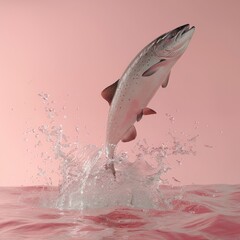 Fototapeta premium A salmon leaping out of the water against a pink background in a 3D rendering. The high resolution image is ultra detailed with no blur or graininess and no sharpness 