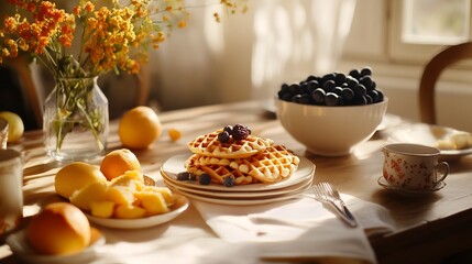 Golden Waffles with Berries: A Sunlit Breakfast Scene