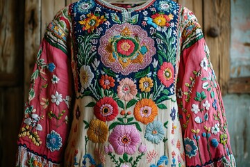 Detailed embroidered blouse, wooden background, display.  Possible use showcasing traditional attire