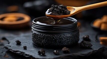 black shilajit honey drips from spoon into jar natural stone background healthy superfood premium quality product photo natural light organic product health wellness natural remedy