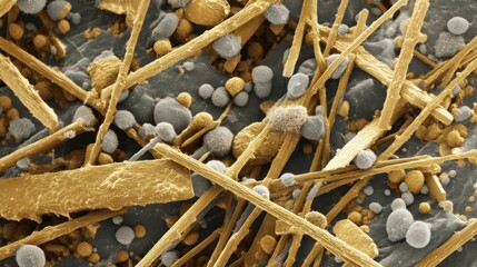 SEM image of fibrous material with granular inclusions