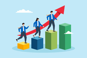 Flat illustration of business people climb up growth graph with arrow teamwork win together business success career progress achievement