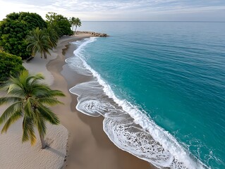 A tropical coastline at sunset, with turquoise waves and swaying palms